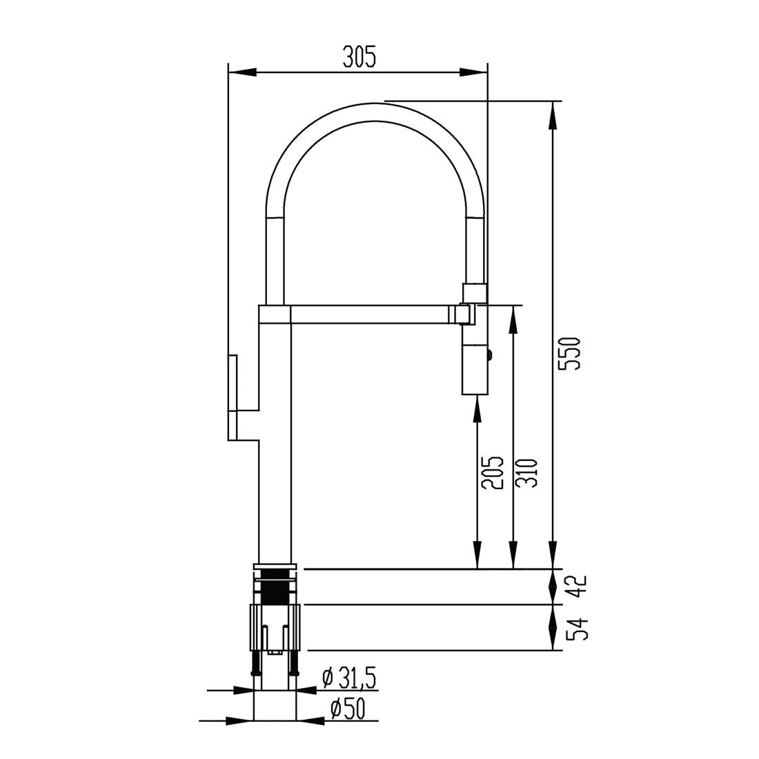 Misturador Monocomando Debacco para Cozinha com Imã Grey - Desenho técnico e dimensões do produto.