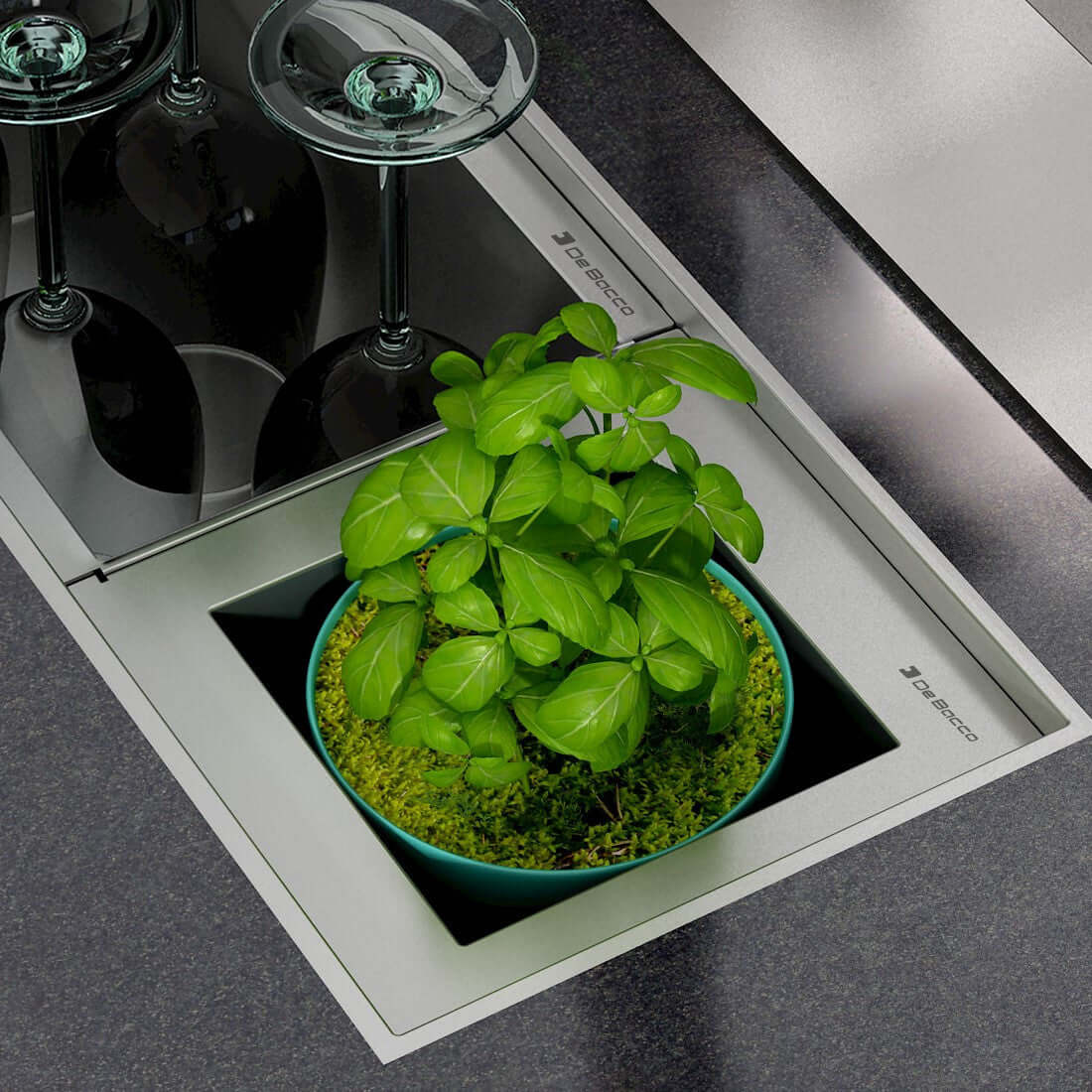 Imagem de um porta potes inox com ervas em um canal organizador, ideal para facilitar o acesso na cozinha.