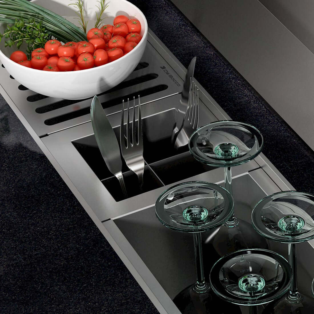 Porta Talheres Debacco Inox 15cm com utensílios organizados e bowl com tomates ao fundo.
