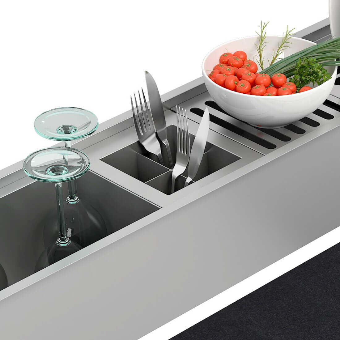 Porta talheres Debacco Inox 15cm com utensílios organizados e bowl com tomates e ervas.