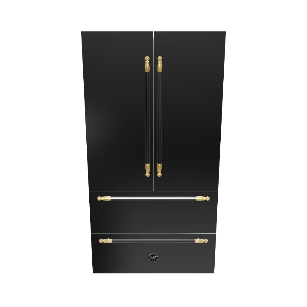 Refrigerador Bertazzoni Heritage French Door 636 Litros Inox 91cm mostrado em inox preto com portas French Door, duas gavetas inferiores e puxadores dourados