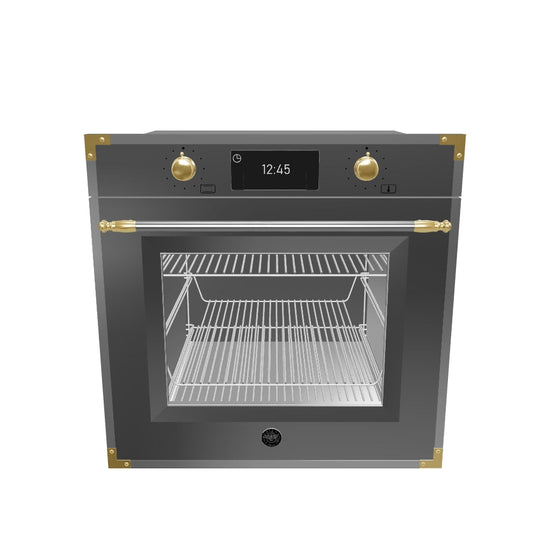 Forno Elétrico a Vapor Bertazzoni Heritage 76 Litros Inox 60cm - forno elétrico de embutir Bertazzoni em inox escovado com puxador dourado, painel digital e porta de vidro