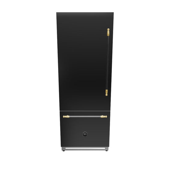 Refrigerador Bertazzoni Heritage 473 Litros 75cm-Abertura Esquerda, refrigerador bottom freezer em inox escovado preto com puxadores dourados e design elegante
