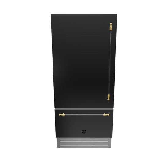 Refrigerador Bertazzoni Heritage 596 Litros 90cm-Abertura Esquerda, refrigerador de embutir French Door em inox escovado preto com puxadores dourados