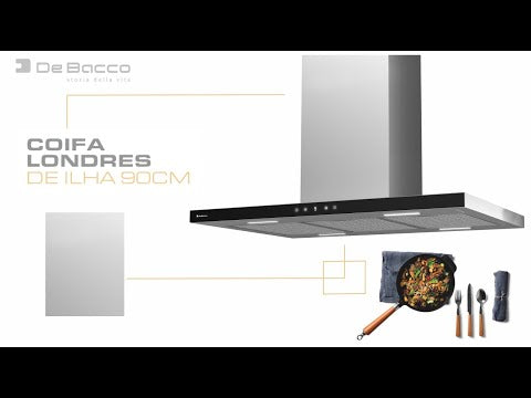 Coifa Ilha Debacco Londres Inox e Vidro Preto 90cm coifa de ilha em inox escovado e vidro preto, formato retangular, painel touch e iluminação LED