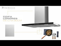 Coifa Ilha Debacco Londres Inox e Vidro Preto 90cm coifa de ilha em inox escovado e vidro preto, formato retangular, painel touch e iluminação LED