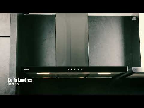 Coifa de Parede Debacco Londres Inox e Vidro Preto 90cm - coifa de parede com frente em vidro preto, inox escovado, formato inclinado e iluminação LED