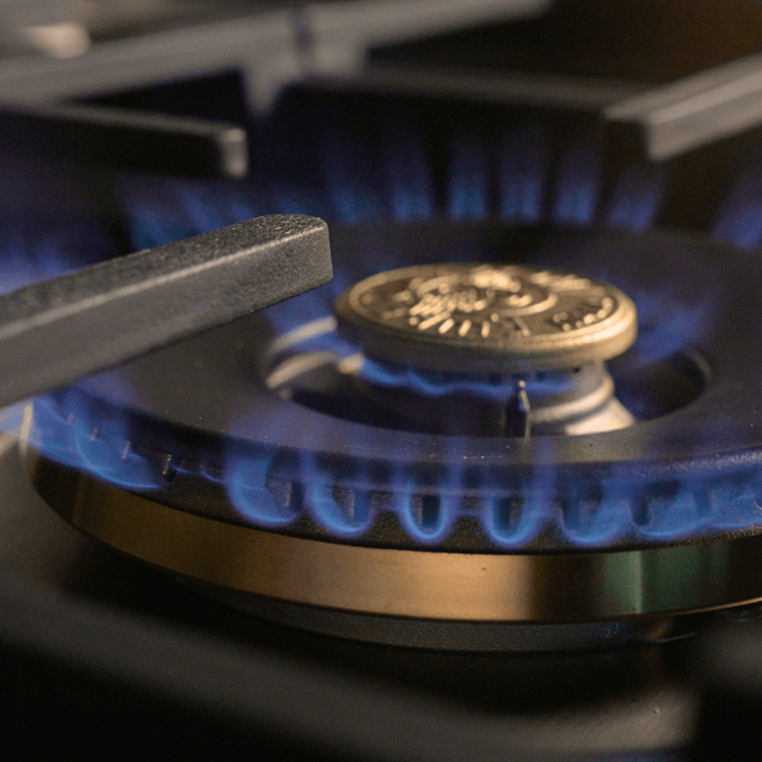 Queimador a gás em fogão Bertazzoni, com chama azul intensa e trempes robustas.