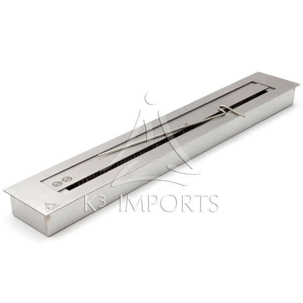 Lareira Ecológica 121cm Inox escovado com Tampa  e Acendedor da K3, queimador ecológico embutir em inox escovado, design longo e moderno