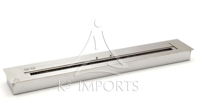 K3 queimador Lareira Ecológica 121cm Inox escovado com Tampa  e Acendedor em inox escovado embutir, formato retangular e acabamento polido