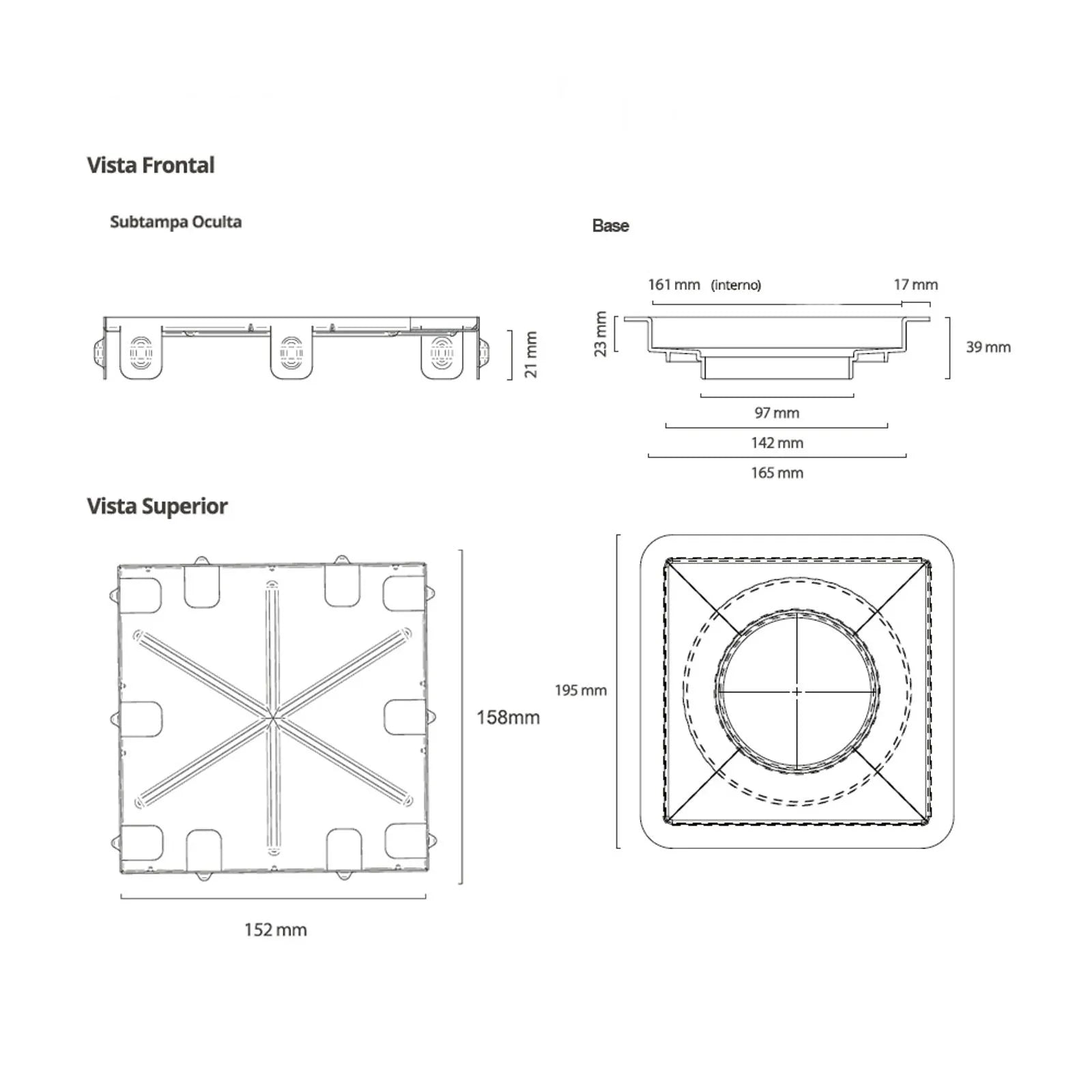 Ralo Quadrado Elleve Square 15x15cm - Tampa Oculta desenho técnico com medidas, vista superior e frontal mostrando base e sub-tampa