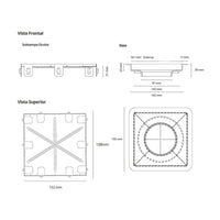 Ralo Quadrado Elleve Square 15x15cm - Tampa Oculta desenho técnico com medidas, vista superior e frontal mostrando base e sub-tampa