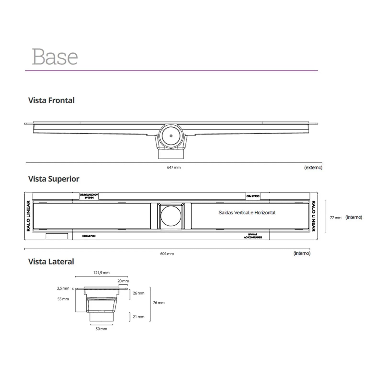 Ralo Linear Elleve Smart 60cm Tampa Inox - Saída Central mostrando desenho técnico com vistas frontal, superior e lateral e dimensões