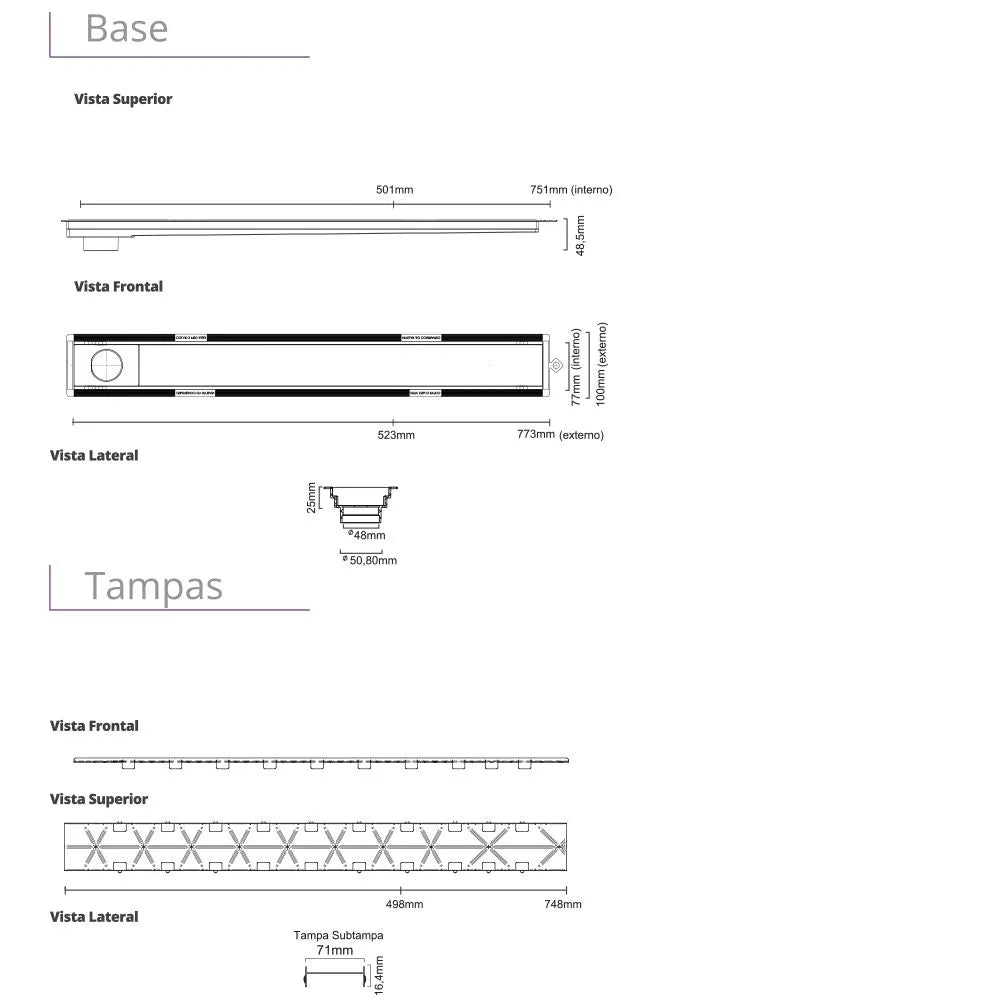 Ralo Linear Elleve Versalite 75cm Tampa Oculta - Saída Lateral, desenho técnico do ralo linear Elleve 75cm com vista frontal, lateral e tampa oculta