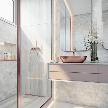 Ralo Linear Elleve Versalite 75cm Tampa Inox - Saída Lateral em inox escovado instalado em banheiro moderno com box e cuba rose