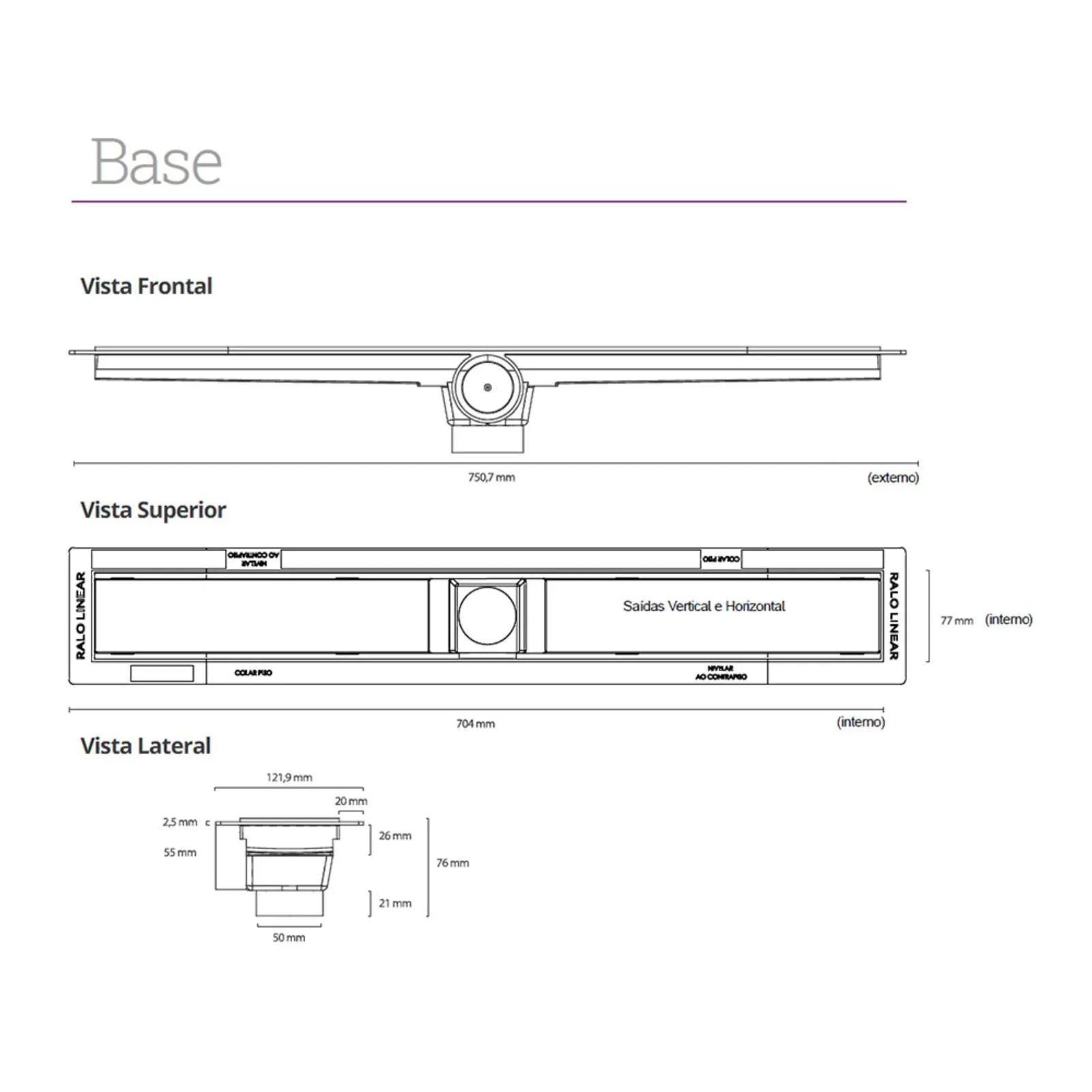 Ralo Linear Elleve Smart 70cm Tampa Oculta - Saída Central mostrando desenhos técnicos com medidas, vista frontal, superior e lateral em inox