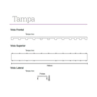 Ralo Linear Elleve Versalite 75cm Tampa Inox - Saída Lateral: desenho técnico da tampa inox com vistas frontal, superior e lateral e dimensões