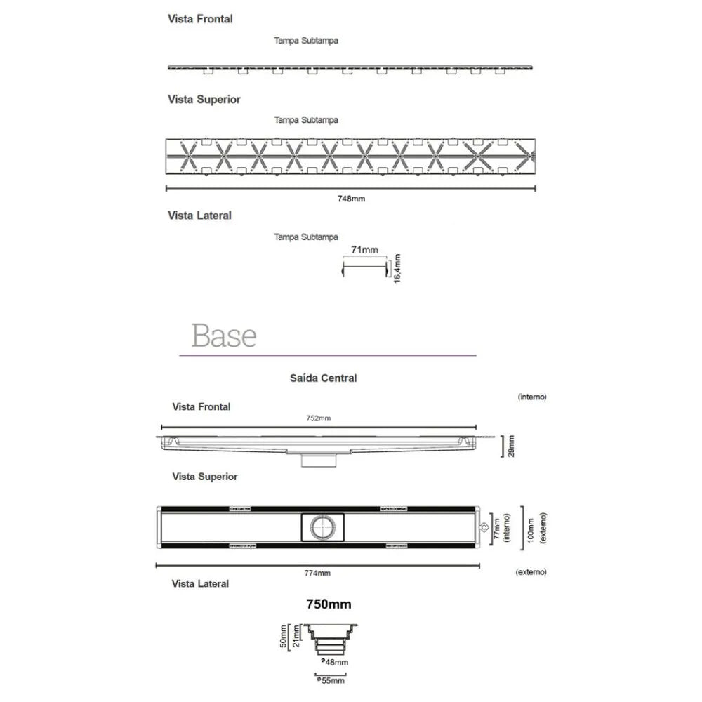 Ralo Linear Elleve Versalite 75cm Tampa Oculta - Saída Central, desenho técnico com vistas frontal, superior e lateral mostrando dimensões e saída central