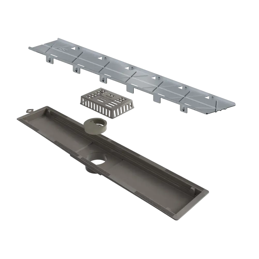 Ralo Linear Elleve Versalite 50cm Tampa Oculta - Saída Central: ralo linear Elleve em inox escovado 50cm com tampa oculta e saída central, design discreto