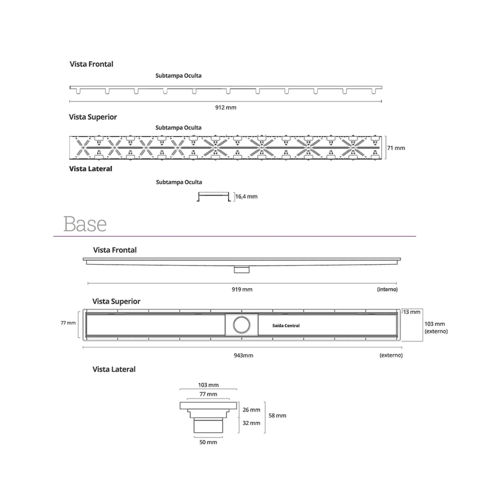 Ralo Linear Elleve Royal 90cm Tampa Oculta - Saída Central: desenho técnico do ralo linear Elleve 90cm em inox escovado com medidas e vista explodida