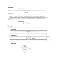 Ralo Linear Elleve Royal 90cm Tampa Oculta - Saída Central: desenho técnico do ralo linear Elleve 90cm em inox escovado com medidas e vista explodida