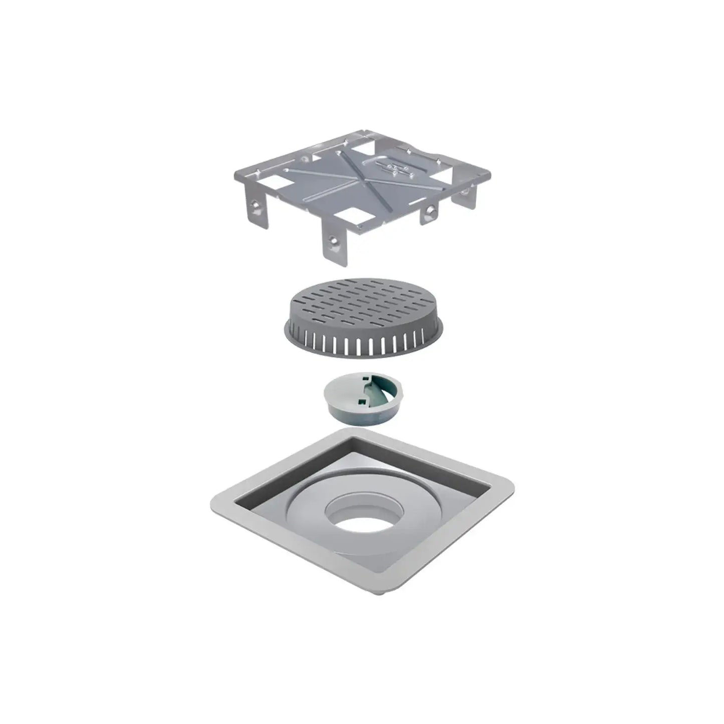 Ralo Quadrado Elleve Square 10x10cm - Tampa Oculta, ralo de piso em inox com acabamento fios e montagem explodida mostrando peça e grelha