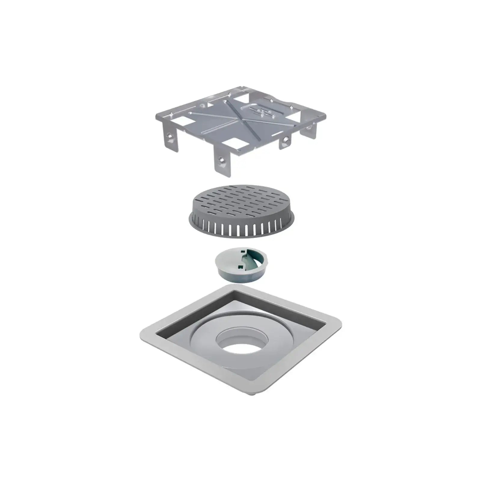 Ralo Quadrado Elleve Square 10x10cm - Tampa Oculta, ralo de piso em inox com acabamento fios e montagem explodida mostrando peça e grelha