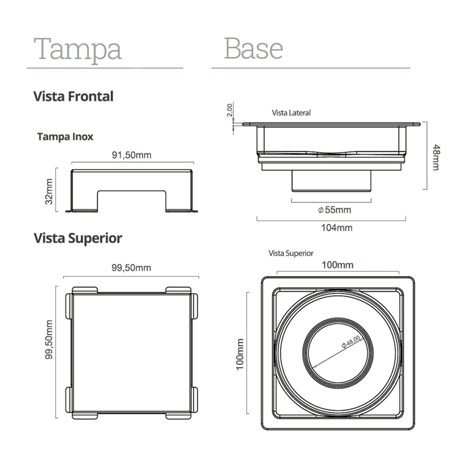 Ralo Quadrado Elleve Square 10x10cm - Tampa Inox mostrando desenhos técnicos da tampa e base com medidas e acabamento inox