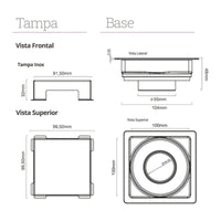 Ralo Quadrado Elleve Square 10x10cm - Tampa Inox mostrando desenhos técnicos da tampa e base com medidas e acabamento inox