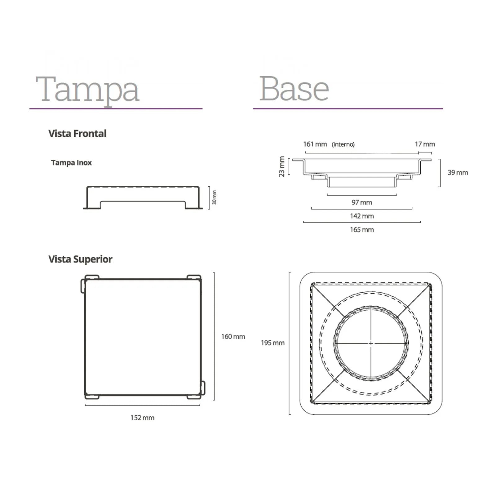 Ralo Quadrado Elleve Square 15x15cm - Tampa Inox mostrando medidas técnicas da tampa e base em inox para instalação de piso
