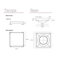 Ralo Quadrado Elleve Square 15x15cm - Tampa Inox mostrando medidas técnicas da tampa e base em inox para instalação de piso
