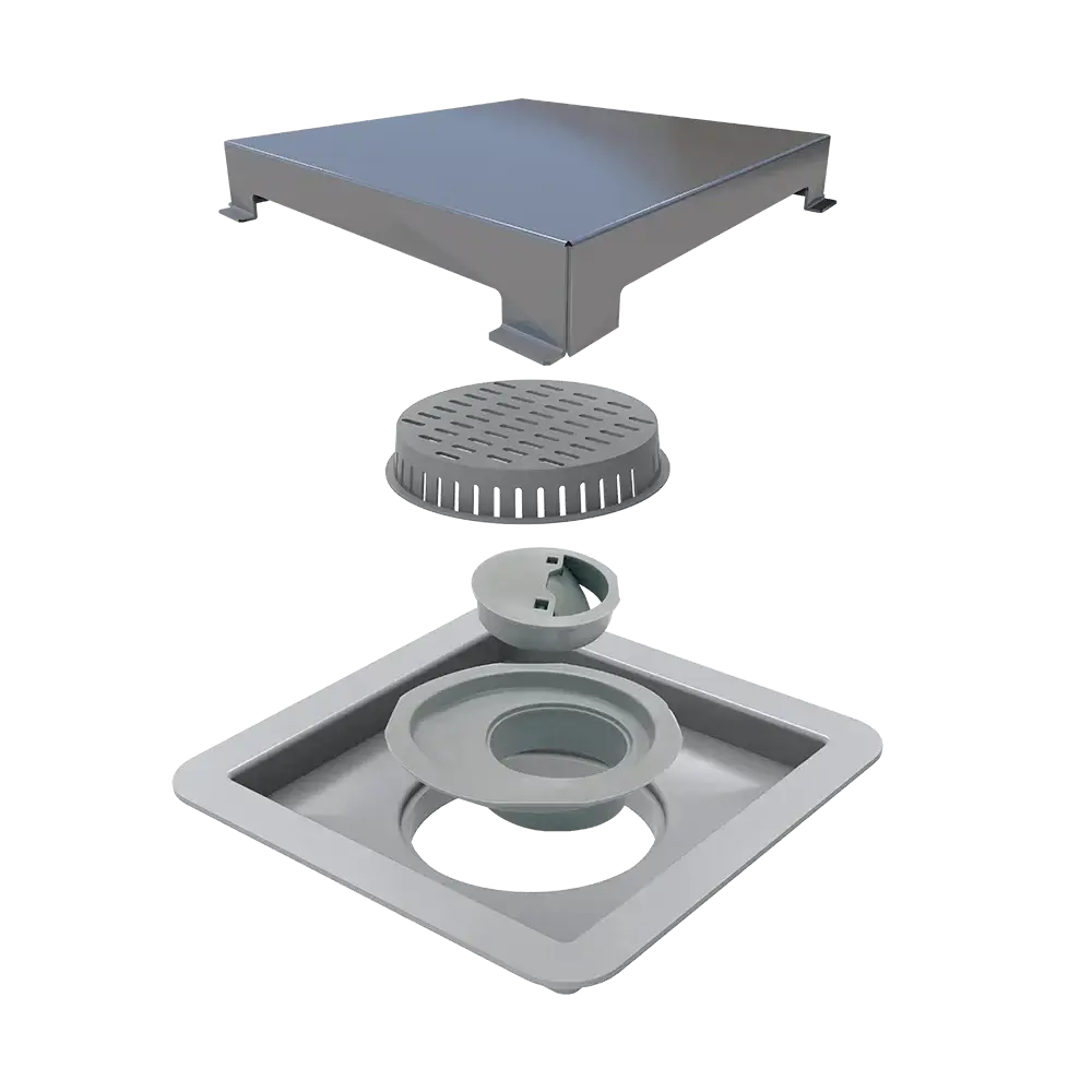 Ralo Quadrado Elleve Square 15x15cm - Tampa Inox mostrando peça desmontada em inox com base para ralo de piso e acabamento polido