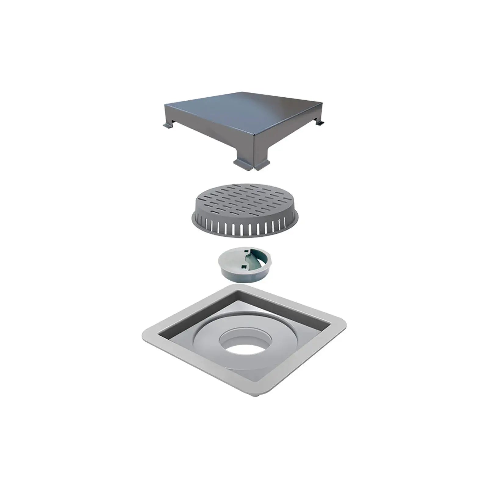 Ralo Quadrado Elleve Square 10x10cm - Tampa Inox mostrando componentes desmontados em inox escovado para ralo de piso
