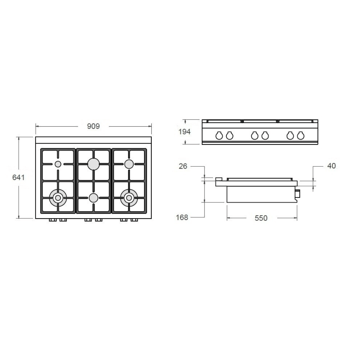 Desenho técnico da RangeTop Bertazzoni Professional 6 Bocas a Gás Inox 91cm com dimensões e detalhes.