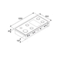 Imagem técnica do Rangetop Lofra Dolcevita 5 Bocas e 2 Zonas Elétricas Inox 120cm com dimensões.