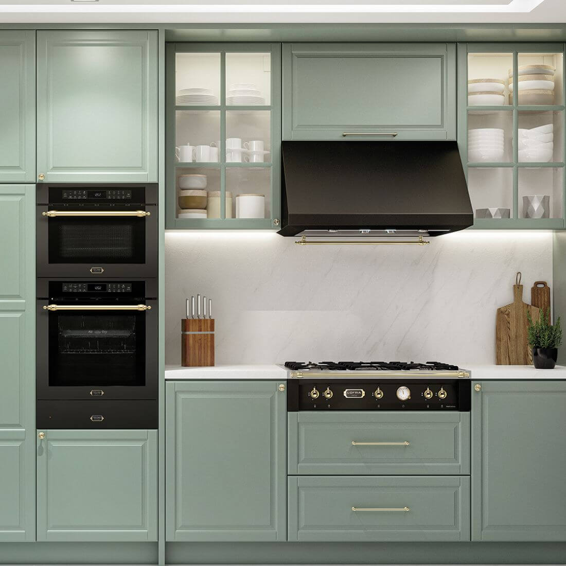 Cozinha moderna com Rangetop Lofra Dolcevita 5 Bocas a Gás Preto 90cm e armários verde pastel.