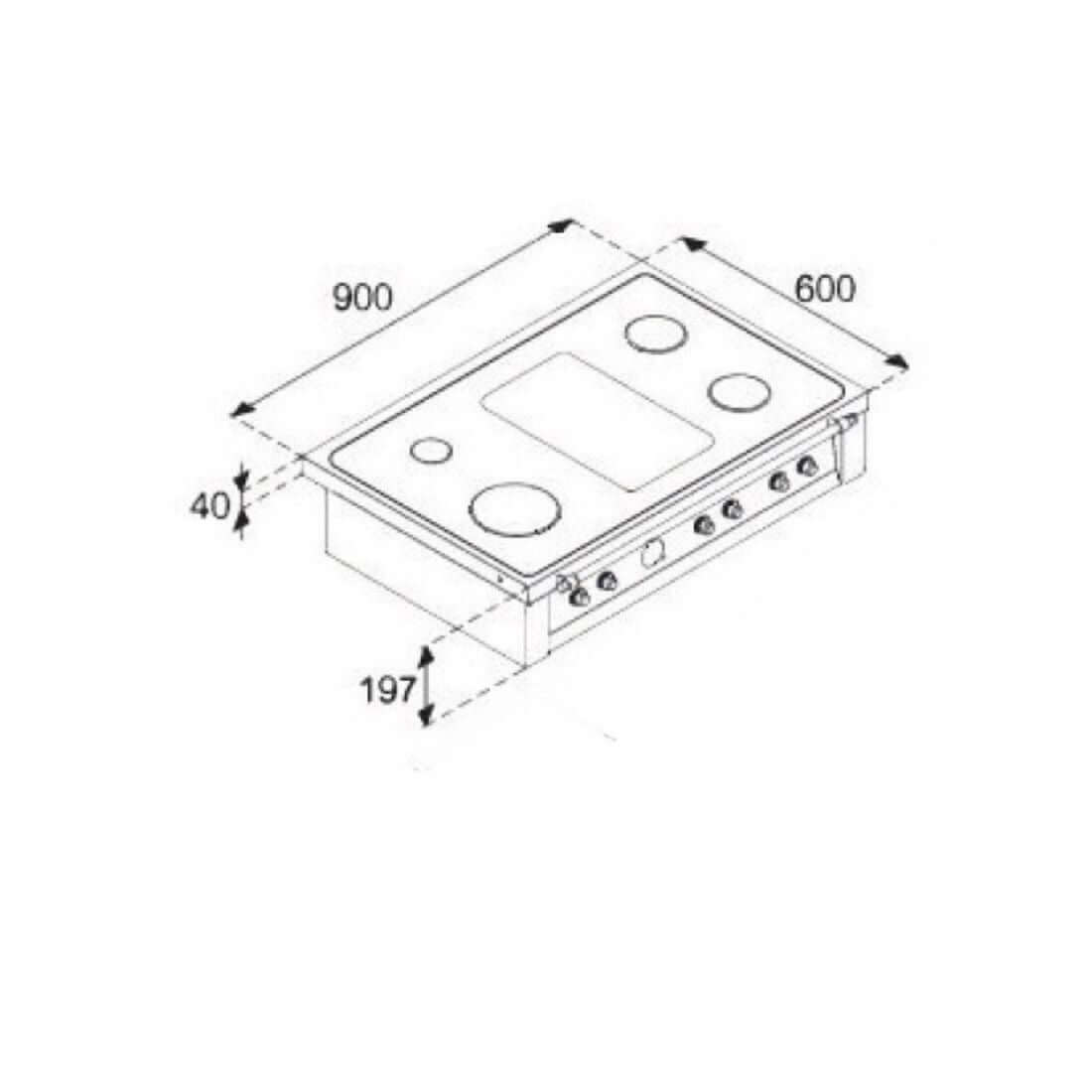 Rangetop Lofra Dolcevita 5 Bocas a Gás Preto 90cm - desenho técnico com dimensões em mm.