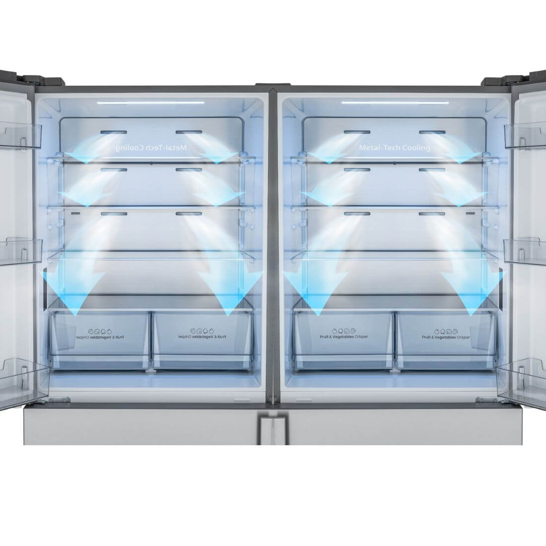 Interior do Refrigerador Bertazzoni Professional DUO com prateleiras e gavetas iluminadas e tecnologia de refrigeração avançada.