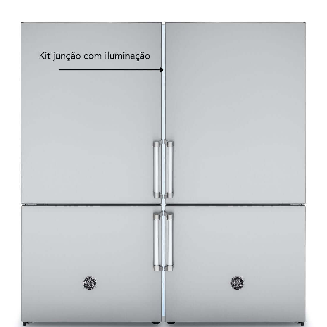 Refrigerador Bertazzoni Master DUO com kit junção e iluminação, design moderno em inox, estilo funcional e elegante.
