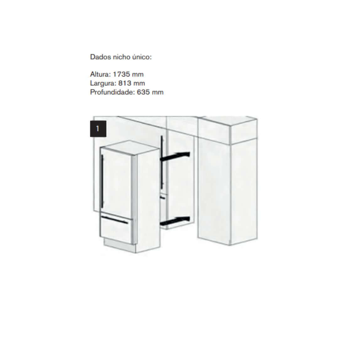 Diagrama de nicho para Refrigerador Bertazzoni, dimensões: 1735 mm altura, 813 mm largura, 635 mm profundidade.