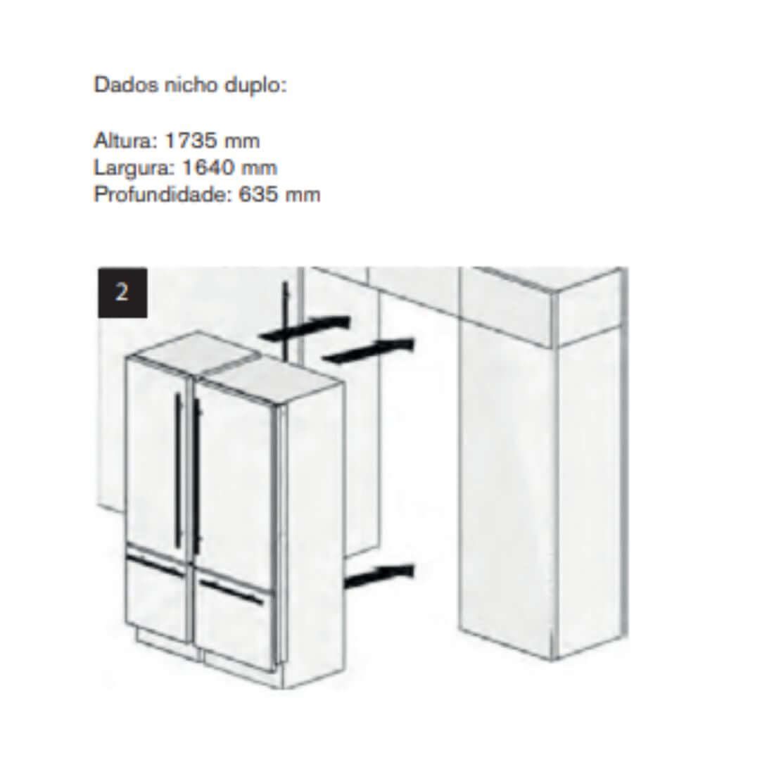 Esquema técnico do Refrigerador Bertazzoni Master DUO com medidas de nicho para instalação.