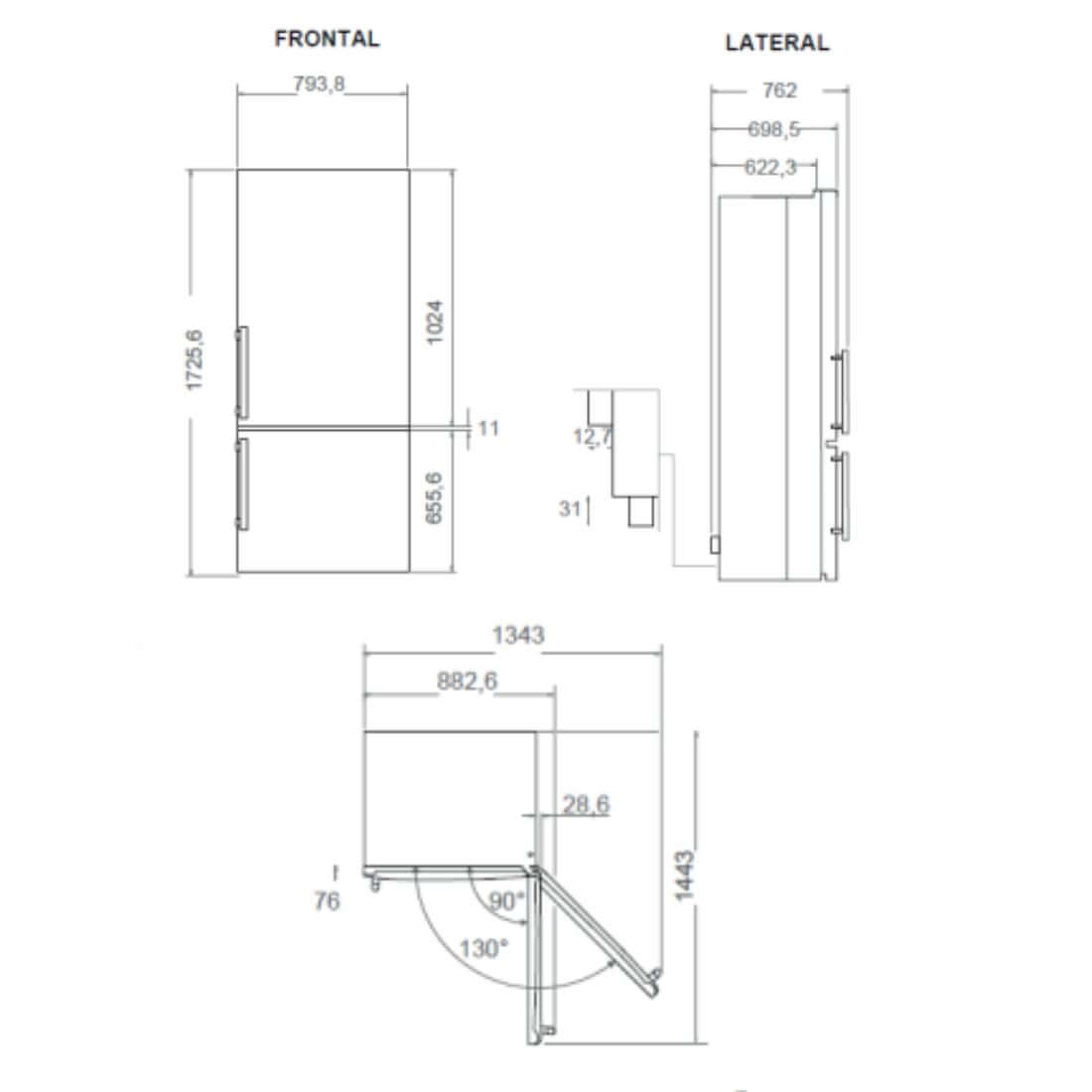 Desenho técnico do Refrigerador Bertazzoni Professional DUO Bottom Freezer, com medidas frontal e lateral.