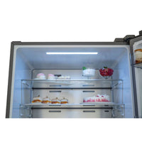 Interior view of Bertazzoni Professional refrigerator showcasing desserts on glass shelves.