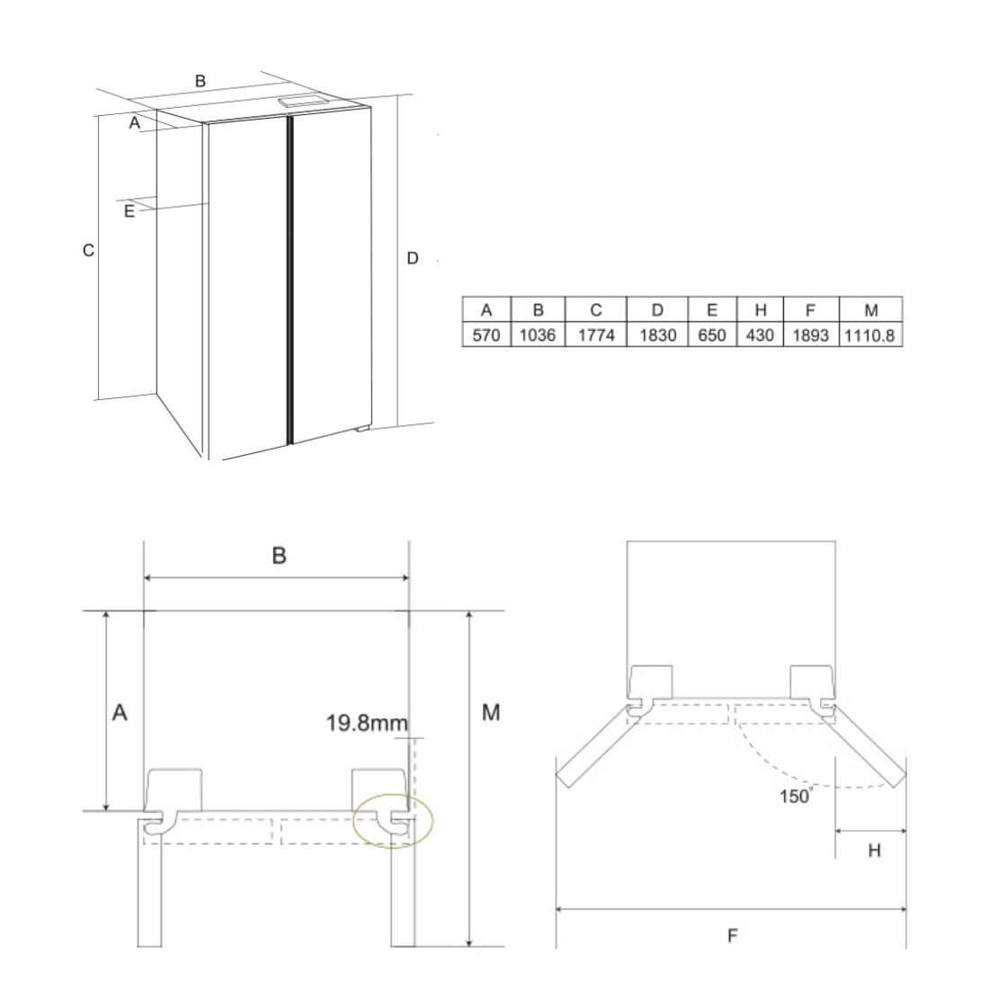 Desenho técnico do Refrigerador Side by Side Debacco, com dimensões detalhadas e especificações de instalação.