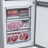 Refrigerador Tecno Vintage Bottom Freezer 324 Litros Inox 60cm com carnes e vegetais armazenados no congelador.