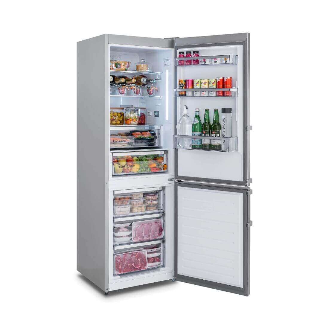 Refrigerador Tecno Vintage Bottom Freezer 324 Litros Inox 60cm com interior iluminado e controle touchscreen.