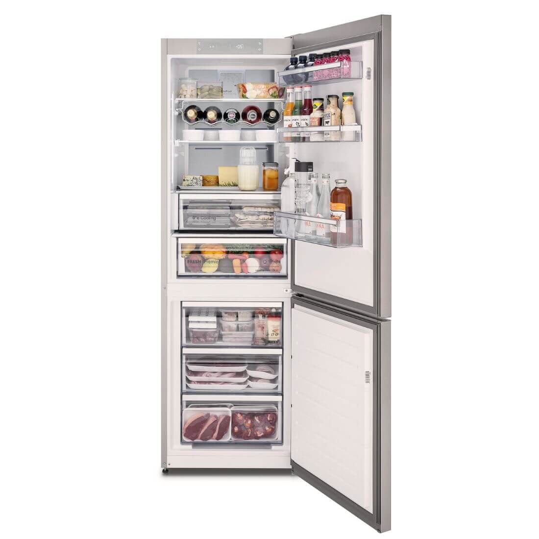 Refrigerador Tecno Vintage Bottom Freezer 324 Litros Inox 60cm com interior iluminado e prateleiras organizadas.