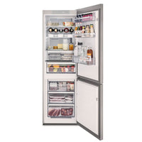 Refrigerador Tecno Vintage Bottom Freezer 324 Litros Inox 60cm com interior iluminado e prateleiras organizadas.