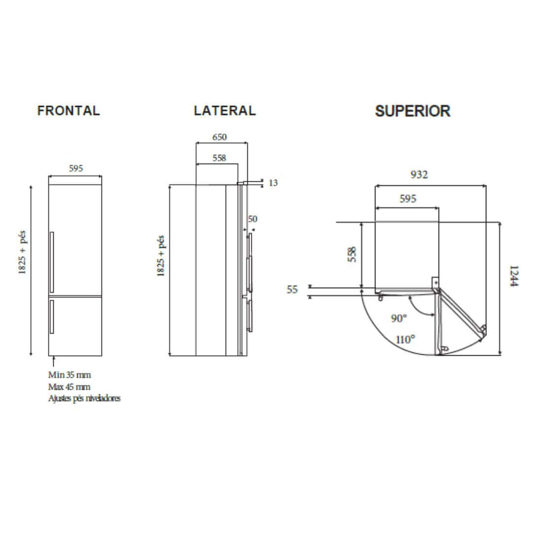 Desenho técnico do Refrigerador Tecno Vintage Bottom Freezer 324 Litros Inox 60cm com medidas frontal, lateral e superior.