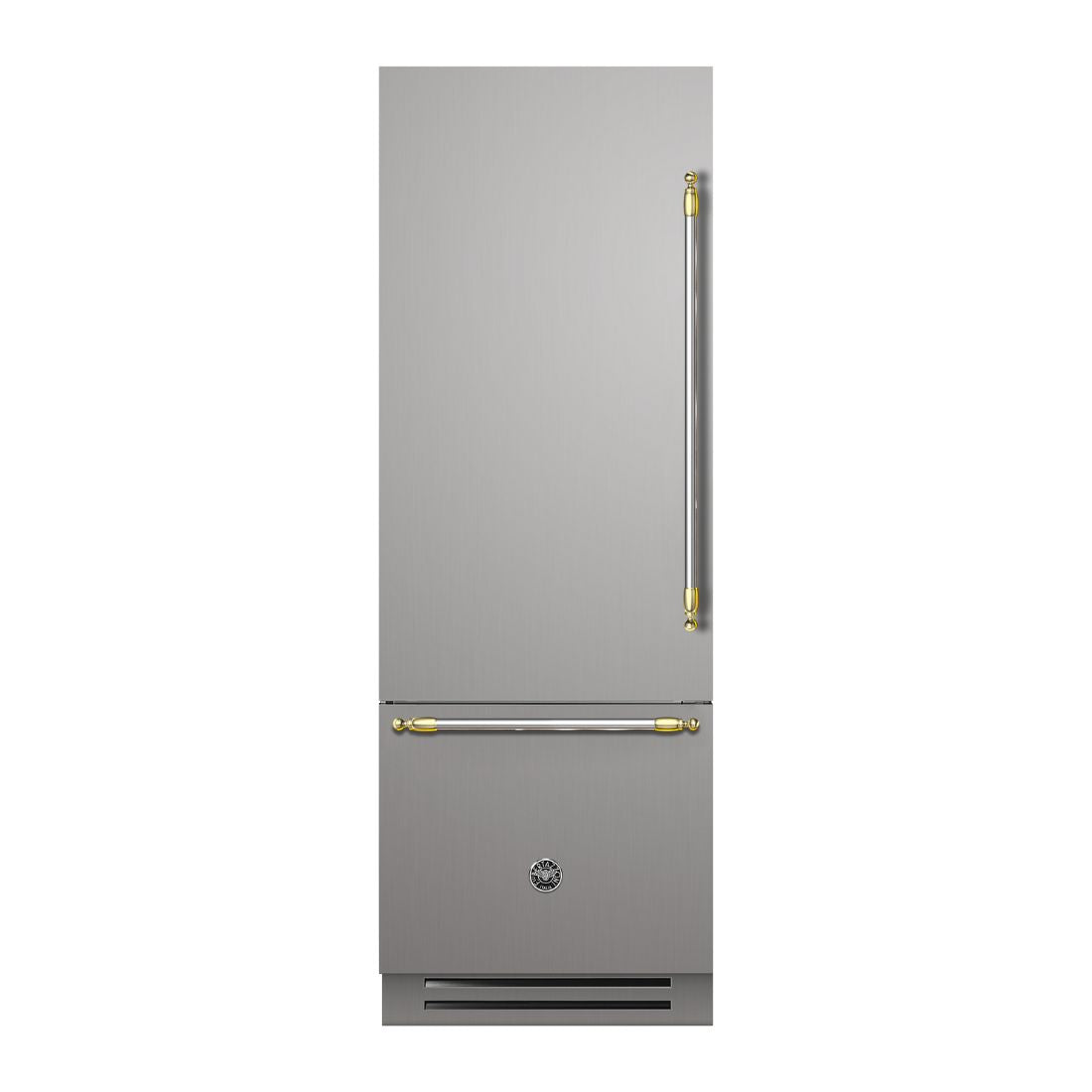 Refrigerador Bertazzoni Heritage 473 Litros 75cm-Abertura Esquerda geladeira de embutir inox escovado com puxadores retangulares e design clássico